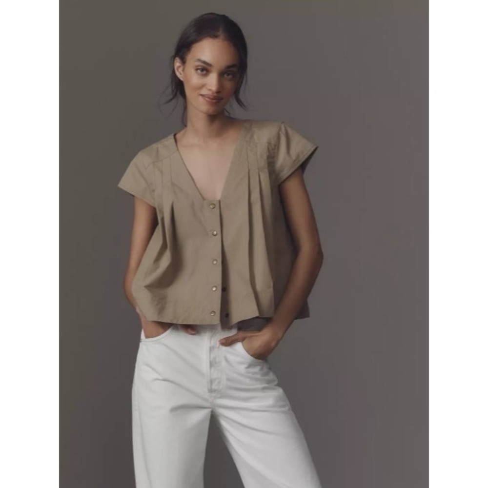 Anthropologie Preppy Crop Top Shirt Womens XS Buttons Minimalist Neutral - Picture 12 of 12